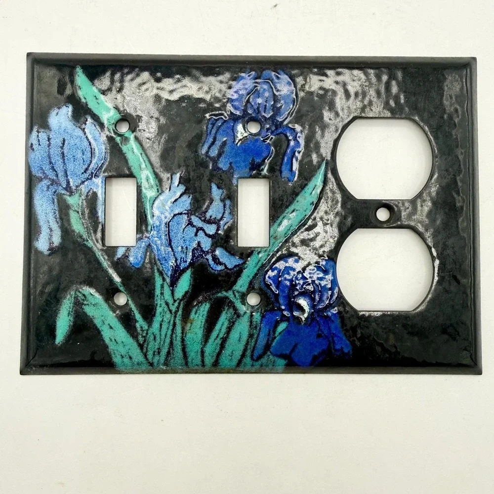 Handcrafted Enamel Over Metal Iris Switch Plate Cover Blue Floral Adrienne Blum